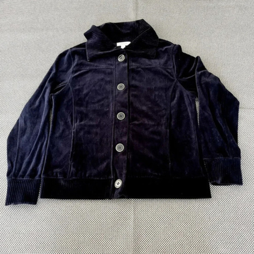 Dressbarn Womens Velour Short Coat Jacket Size L Navy Blue Button Up Pockets